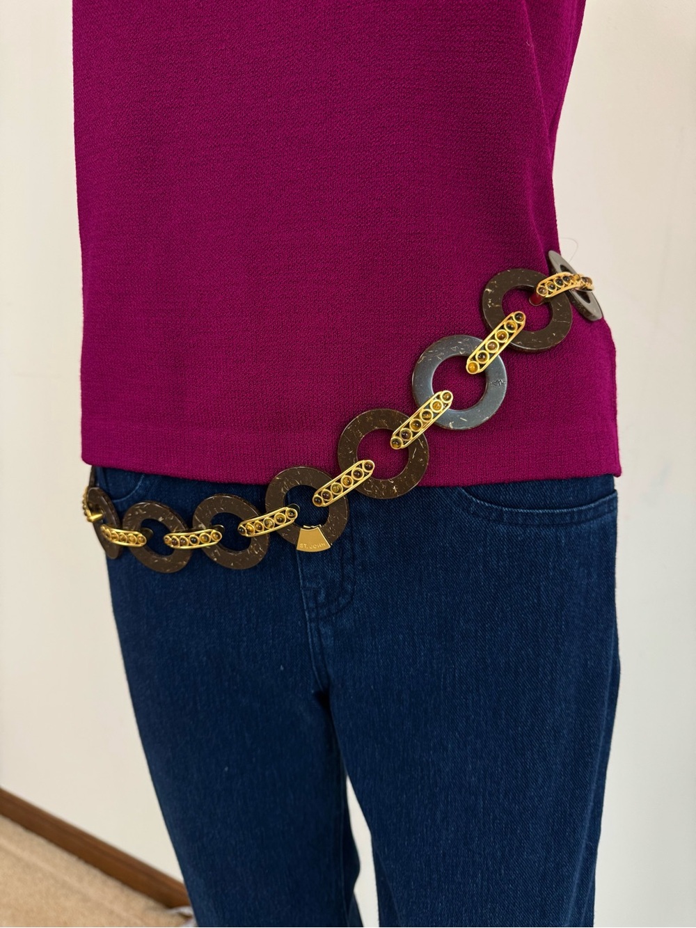 NWT St John Tiger Eye Gold Link Brown Statement Belt Necklace - Picture 13 of 15